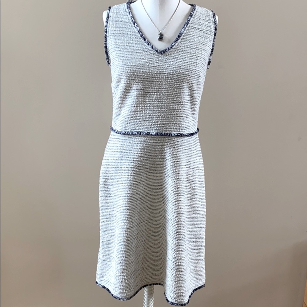 LOFT TALL BLUE FRINGE BOUCLE FLARE DRESS